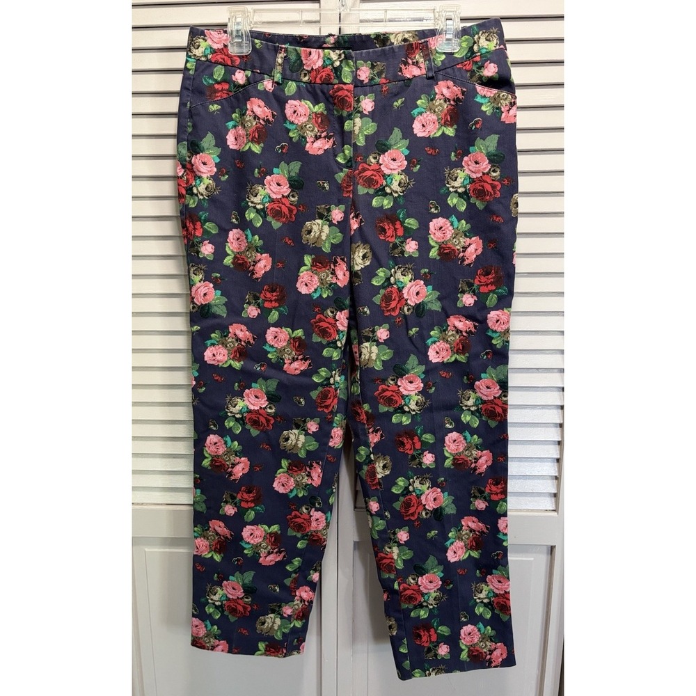 Larry Levine Floral Crop Pants Size 10 Navy/Multi Zip‎ Pockets Mid Rise Summer